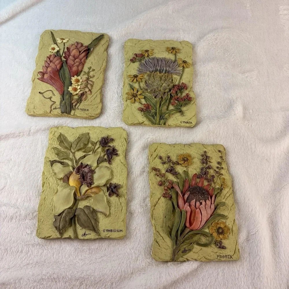 Vintage Cheri Blum 3D Floral Wall Plaques Set of 4 Botanical Resin Tiles Signed